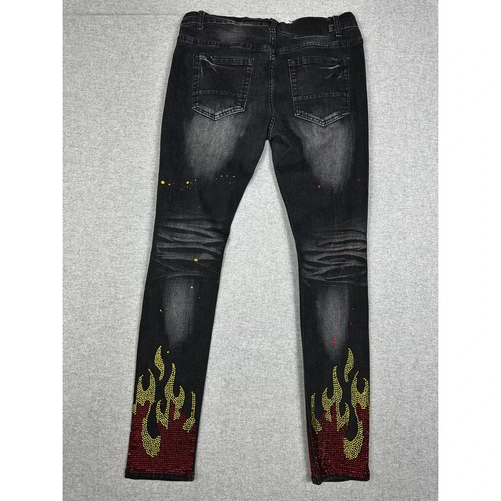 Always Lit Jeans 36x32 Black Rhinestone Jewel Flame Graphic R3bel Streetwear